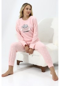 Resim Wordex Fawn 5006 Peluş Welsoft Polar Kışlık Yumoş Kadın Pijama Takımı Uyuyan Kedili Pembe 
