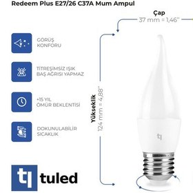 Resim Redeem Plus C37A E27 Mum Ampul, Titreşimsiz, Göz Konforu, 581 Lümen, Ilık Beyaz, 3000 Kelvin 