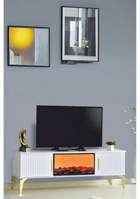 Resim Rüya Dekoratif Şömineli Tv Sehpası Beyaz Gold Kulplu 2 Kapaklı Alev Efektli 150x50x36 CM 