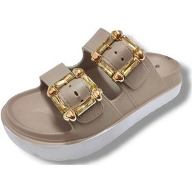 Resim Akınal E474.z.0000-25 Eva Altın Tokalı Çift Bant Kadın Terlik Camel 