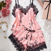 Resim Şık Dantel Detaylı Mektup Baskılı Pijama Takımı, Kadınlar İçin Rahat Uyku Giyimi, Ev İçin, Bahar/Yaz/Sonbahar 