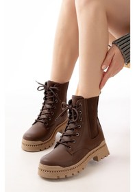 Resim 2051-298 Düz Topuklu Bağcıklı Lastikli Günlük Kadın Bot Kahverengi Kahve 