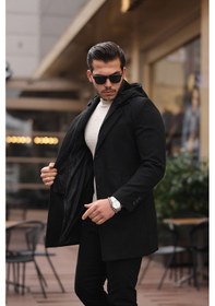 Resim Erkek Siyah Yün Karışımlı Kaşe Kapüşonlu Önü Fermuarlı Ve Düğmeli Kaban Siyah 