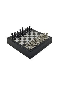 Resim Gifthome Orta Boy Premium Black Metal Klasik Satranç Takımı Ve Mermer Desenli Sandıklı Mdf Tahtası 30x30x6 Cm. 