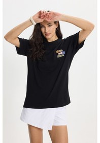 Resim Tudors Kadın Oversize Geniş Kesim Pamuk Bisiklet Yaka Baskılı Siyah Tişört -50388 L 