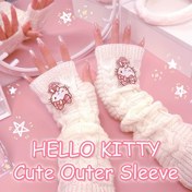 Resim 2pcs Sanrio Hello Kitty Knitted Gloves - Soft, Stretchy No-Thumb Fingerless Arm Sleeves for Girls | Cute White & Black Striped Design | Perfect for Winter, Christmas, Halloween | Ideal Birthday Gift | Polyester, Elastic, Warm | Hand Washable 