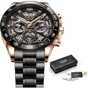 Resim Hanyang Gül Altın Tamamen Siyah Lıge Moda Lüks Kuvars Erkek Saati Su Geçirmez Aydınlık Paslanmaz Çelik Spor Adam Kol Saatleri Chronograph Relogio Masculino (Yurt Dışından) 