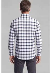 Resim Bisse Modern Fit İtalyan Yaka Tek Cep Düğmeli Ekose Kışlık Pamuk Lacivert Erkek Gömlek Gmeks0122300215 D39 
