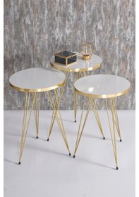 Resim Zigon Sehpa Ve Orta Sehpa Kr Set Gold Beyaz Tel Ayak 