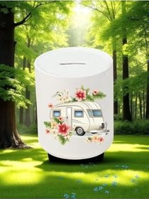 Resim Karavan ve Çiçek Deseni Baskılı 3'lü Seramik Kumbara 