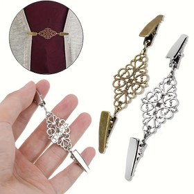 Resim Eski tarz alaşım hırka klipsi - Elbise, şallar ve yaka için Filigran şal iğnesi - 1 adet dekoratif geometrik oyuk giysi tokası seti 