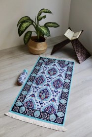 Resim Pratik Ve Taşınabilir Ipek Dokulu Keseli Seccade Çini Desenli S10014 Mavi 