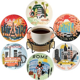 Resim 6 Parça Dünya Şehir Desenli Elmas Boyama Altlık Seti, Braketli Elmas Boyama Takımı, Yetişkinler İçin DIY Mozaik El Sanatları Seti, Başlangıç Seviyesine Uygun Tam Elmas 10x10cm 