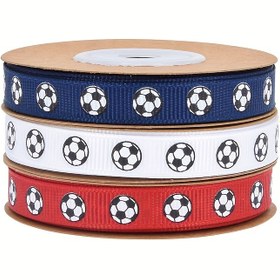 Resim 1 Rulo 9m x 1cm Parlak Futbol Bandı - Mavi ve beyaz futbol desenleri ile tatil hediye bandı, erkeklerin mezun olduğu sezon ve tatil süslemeleri için mükemmel, tatil hediye bandı | Spor tasarım | Kumaş bandı, futbol aksesuarları 