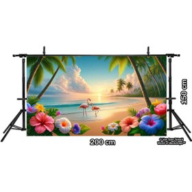 Resim Venspor Tropikal Flamingo ve Çiçeklerle Süslenmiş Plaj Arka Planı, 200x150cm Fon Duvar Örtüsü 