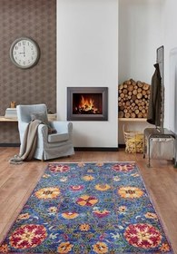 Resim 140x200 cm Sarapul Mavi Çiçekli Yün El Dokuma Modern Geometrik Etnik Eskitme Desenli Boho Oturma Odası Salon Yolluk Koridor Mutfak Halısı 