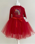 Resim Pamuk Astarlı Uzun Kollu Smile Baskılı Tüllü Kız Çocuk Elbise Kırmızı 
