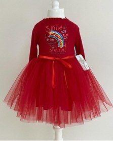 Resim Pamuk Astarlı Uzun Kollu Smile Baskılı Tüllü Kız Çocuk Elbise Kırmızı 