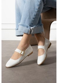 Resim Shoetek Hanna Kadın Babet Bantlı Tokalı Beyaz Deri Beyaz Cilt 