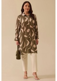 Resim Galaxi Kadın Büyük Beden Desenli Uzun Kollu Tunik 4004 Haki Haki 