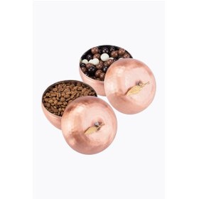 Resim El İşi Bakır Şekerlik Lokumluk Takımı 2 Li Elma Motif Türk Kahve Sunumluk El Dövmesi Çap 10,5 Cm 