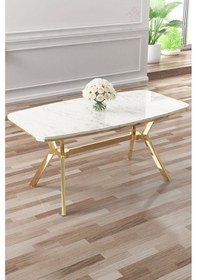 Resim Canisa Asel Serisi 90x160 Lak Panel Beyaz Mermer Desen Gold Ayaklı Masa Takımı Ve 6 Antrasit Sandalye Beyaz Mermer Desen Masa Sandalyeler Antrasit 