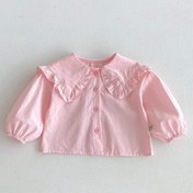 Resim Kız Bebek Uzun Kollu Fırfır Yaka Bluz - Yumuşak Pembe Günlük İlkbahar/Sonbahar Üstü, Makinede Yıkanabilir Esnek Olmayan Kumaş, Bebekler ve Küçük Çocuklar İçin Normal Kalıp 