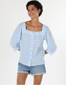 Resim Colin's Regular Fit Kareli Mavi Kadın Uzun Kol Gömlek CL1058736_Q1.V2_LBL Açık Mavi 