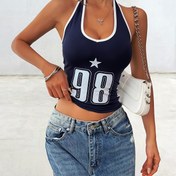 Resim Kadınların Mavi Halter Boyunlu Atlet Üstü, "248.92cm ve Yıldız Tasarımı - Polyester, Renk Bloğu, Örgü Kumaş, Tüm Mevsimler İçin Çok Yönlü Üst, Çok Yönlü Üst|Y2K Modası|Örgü Yapı 