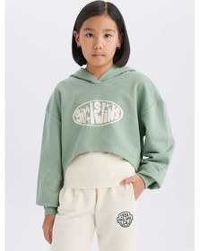 Resim DeFacto Kız Çocuk 2'li Takım Crop Kapüşonlu Baskılı Sweatshirt Atlet D8819A825SPGN1125 Yeşil 
