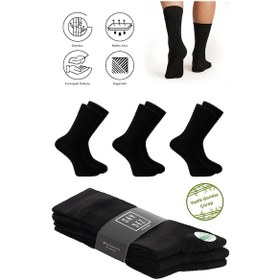 Resim Saysez Bambu Erkek Soket Yazlık Uzun Düz Siyah Çorap Dikişsiz Premium Paket 3'lü / Yıkamalı Soft Çorap Siyah 