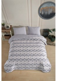 Resim Tek Kişilik Desenli Kapitone Çift Taraflı Renkli Pike Yatak Örtüsü Takımı 160x230 Cm Çarşafsız Gri 