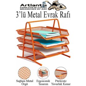 Resim Renkli Metal Evrak Rafı 3 Lü 1 Paket Masa Üstü A4 Dosya Düzenleyici Kağıt Tepsisi Metal Fileli Üç Katlı Hareketli Perfore Turuncu 