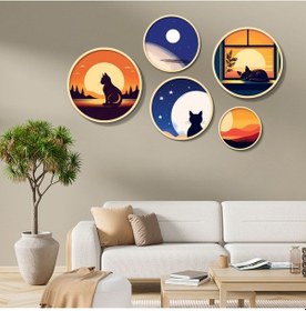 Resim Yuvarlak Ahşap Gün Batımı Ve Ay Temasında Kediler Tablo Seti 