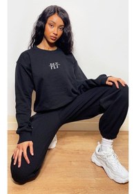 Resim Minimal Eşofman Takımı Sweatshirt Jogger - Baskılı Oversize Bisiklet Yaka Şardonlu Lastik Paça Siyah 