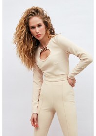 Resim Sateen Zincir Detaylı Bluz - Bej 