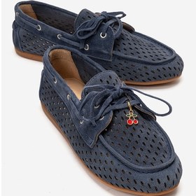 Resim Luvishoes Stevo Kot Mavi Süet Hakiki Deri Delikli Bağcıklı Kadın Loafer Ayakkabı 