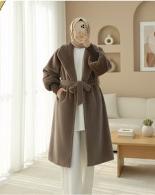 Resim Modamorfo Kolu Ribanalı Şal Yaka Astarlı Kaşe Kaban -Toprak 