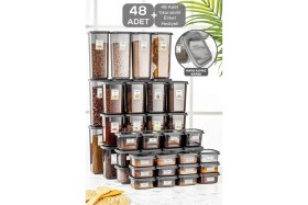 Resim Nida 48'li 96 Parça Çeyiz Seti - Etiketli Kare Erzak Saklama Kabı Çerezlik Baharatlık Bakliyat Kabı 