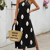 Resim Kadınlar için Siyah ve Beyaz Geometrik Baskılı Omuzdan Askısız Elbise Yan Yırtmaçlı - Hafif %100 Polyester Yaz Tatili Elbisesi, Plaj, Günlük Çıkışlar ve Tatil Giyimi için Makinede Yıkanabilir Düz Kesim, Plaj Elbisesi 