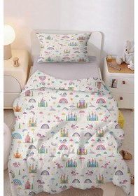 Resim Hayal Şatosu Gökkuşağı Unicorn Tek Kişilik Çocuk Nevresim Seti Pembe 