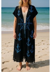 Resim Mavi Denizci Desenli Siyah Salaş Kimono Kaftan Standart Mavi 
