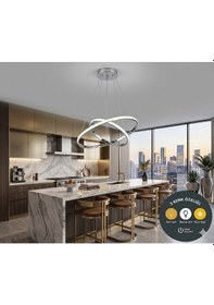 Resim Luxury Krom 2'li İç İçe Geçmeli Halka Led Sarkıt Avize - 3 Renk Işıklı Modern Salon Mutfak Avizesi 