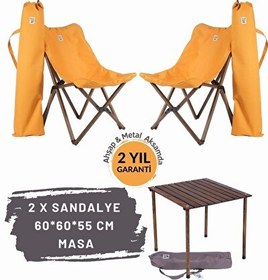 Resim Bag The Joy Antrasit Hardal Kılıf Sandalye ve 60x60x55 CM Kahverengi Ahşap Katlanır Masa Seti 
