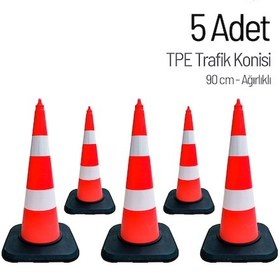 Resim 5'li Tpe Trafik Konisi Seti 90 Cm Ağırlıklı Çift Reflektifli Trafik Dubası-3630 