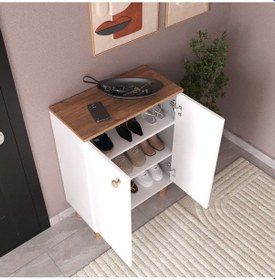 Resim Buse Atlantik Çam / Beyaz 2 Kapaklı 3 Raflı Ayakkabılık 