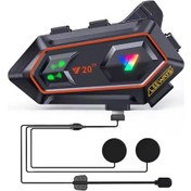 Resim Y20 2x 1000m Telsiz Mesafeli Özellikli 2 Kişi Bağlantılı Bluetooth Kask Kulaklık Ekranlı Fenerli Motosiklet Interkom 