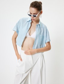 Resim Crop Gömlek Cep Detaylı Kısa Kollu Düğmeli Klasik Yaka 