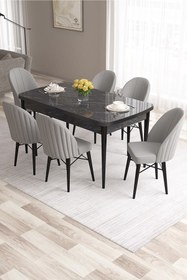 Resim Canisa Ves Serisi 80x132 Mdf Açılabilir Siyah Mermer Desen Yemek Masası 6 Kahve Sandalye 