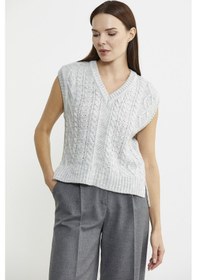 Resim Saç Örgülü Arkası Uzun Triko Süveter - Açık Gri Çok Renkli 